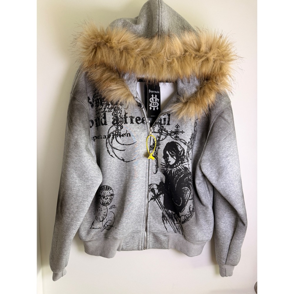 Supermade Zip Hoodie Mens Small Gray NWT Gothic Graphic Faux Fur Y2K Streetwear